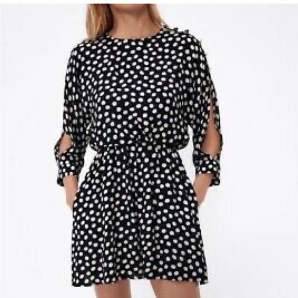 Zara Dresses & Skirts - Zara polka dot 3/4 sleeves mini Fit Flare dress gold buttons down one arm  XS
